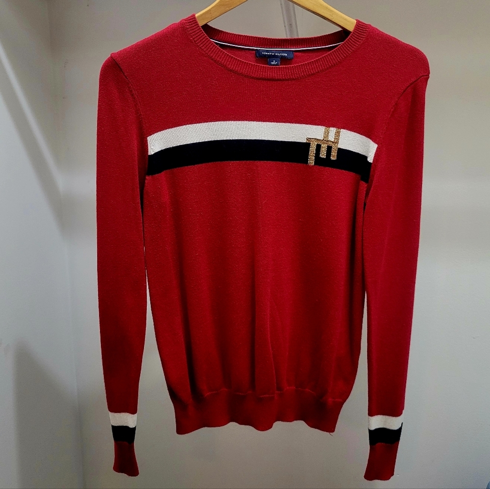 Tommy Hilfiger Red Women's Crew Neck Sweater with Gold Letters - Size S